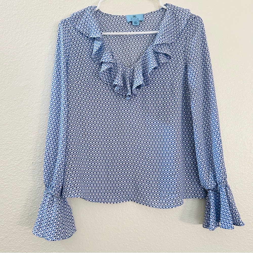 CeCe Women's Blouse Ruffle V-Neck Long Bell Sleeves Size XXS
